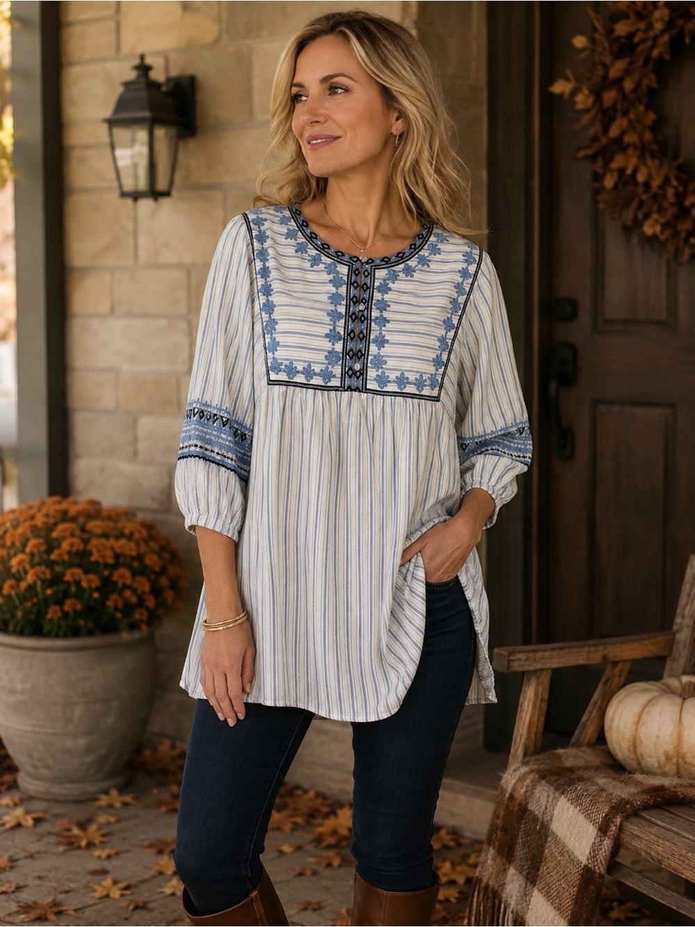 Sz 1XL Glitzy Girlz Blue & White Embroidered Striped Tunic Top